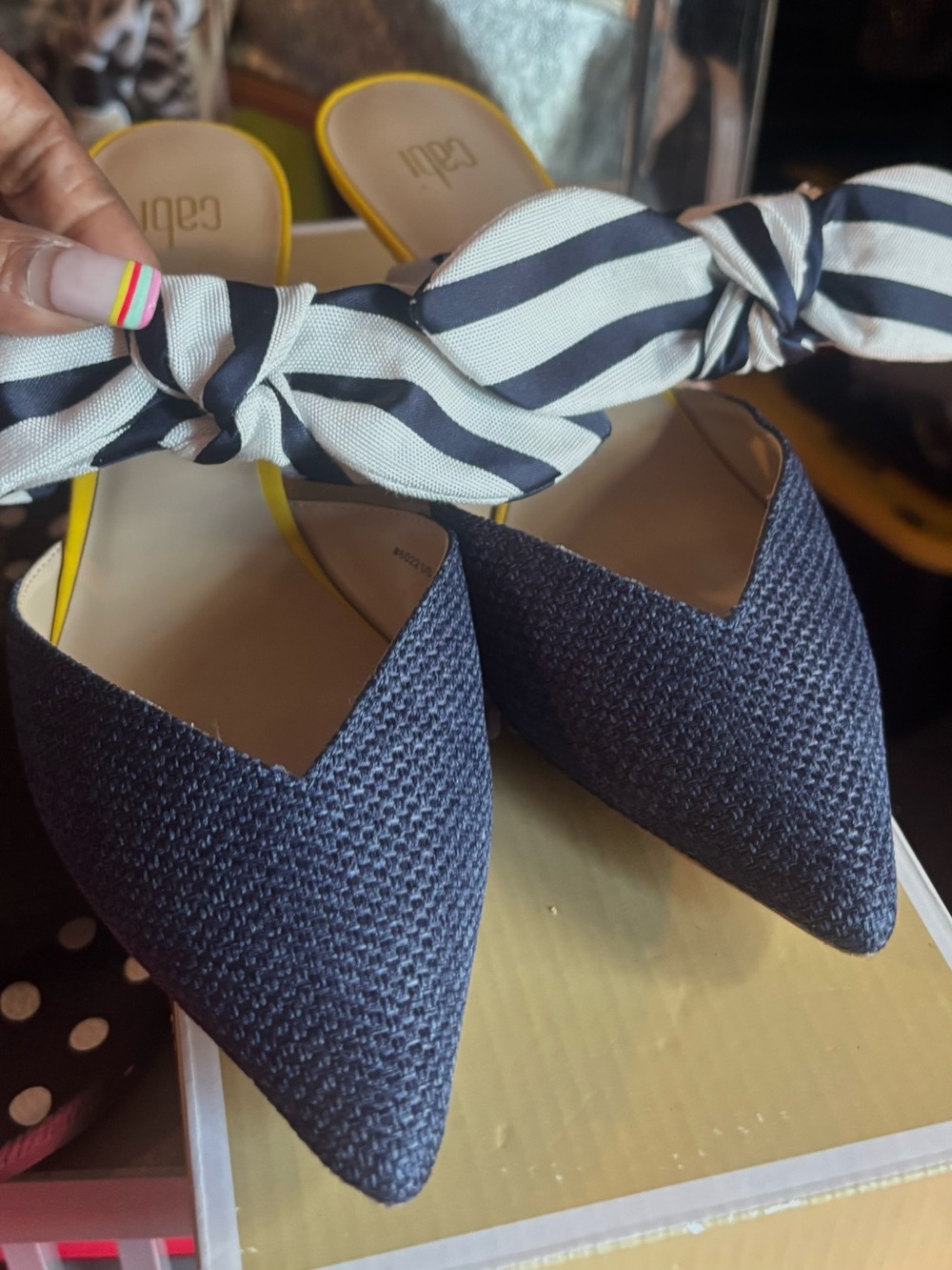 CAbi Navy Knitted Pointed-Toe Backless Mules with Striped Bow